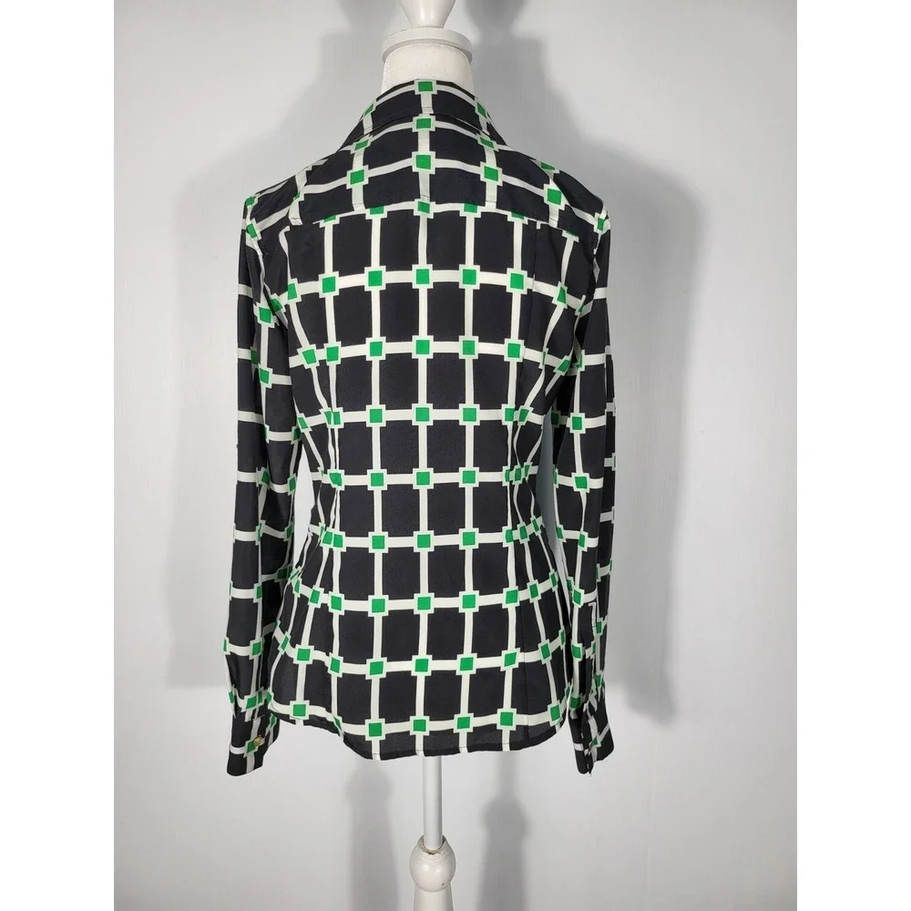Michael Kors Womens Geometric Grid Full Zip Blouse Navy Green Long Sleeve Size S